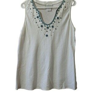Silk Club Collection 100% Linen Beaded Sleeveless Top Slit Sides LG
